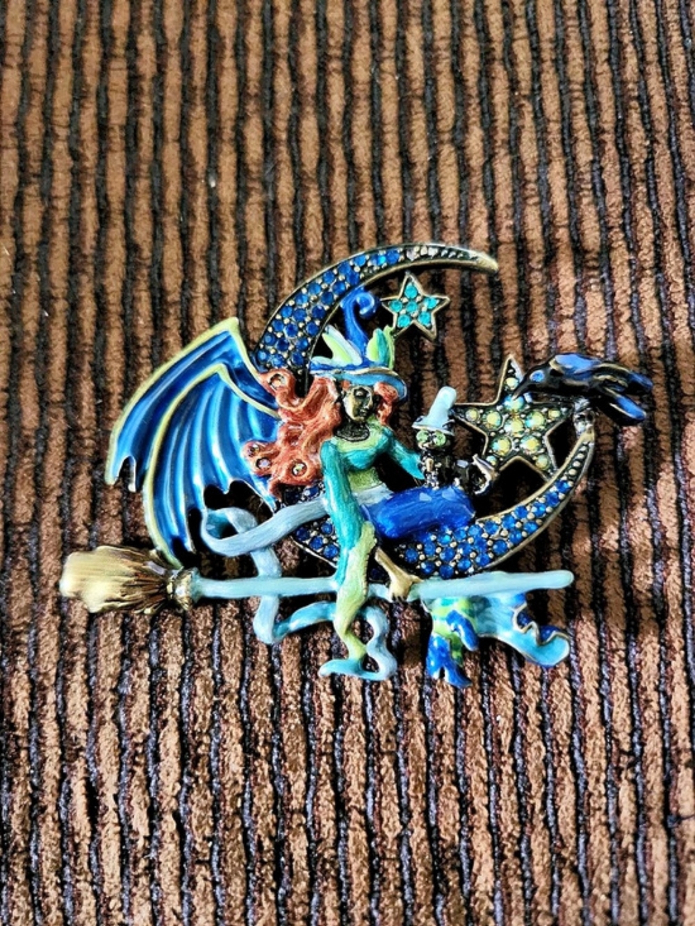Krisk Folly Moon Diva Witch Brooch in Blue & Green